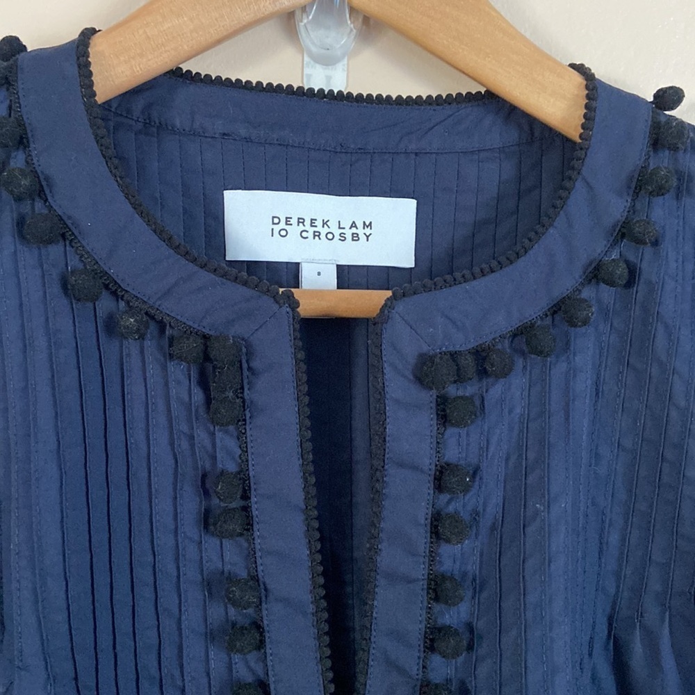 DEREK LAM 10 CROSBY- Pintucked Poplin Eyelet Top in Navy - Picture 4 of 7